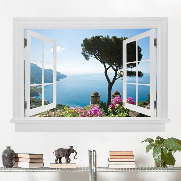 Wohndeko 3D Offenes Fenster Ausblick vom Garten aufs Meer