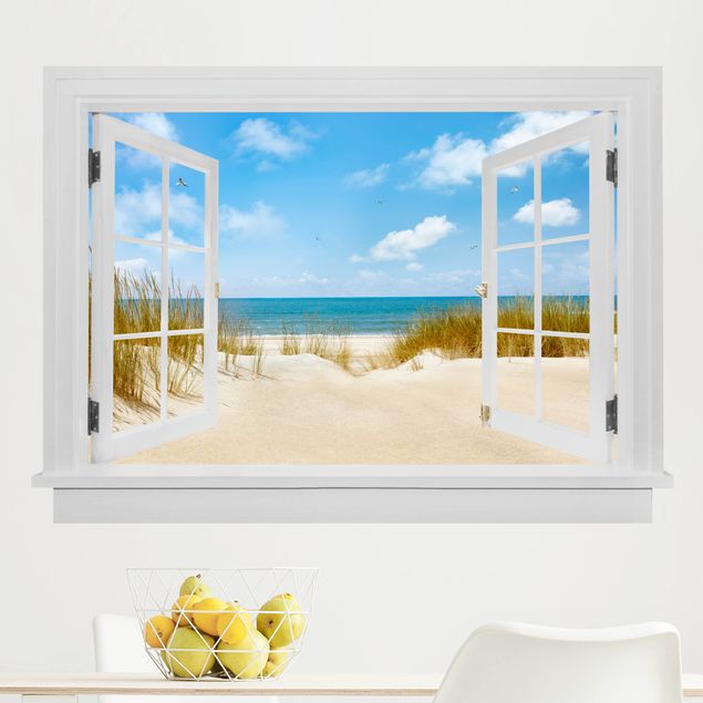 Wanddeko 3D Offenes Fenster Strand an der Nordsee