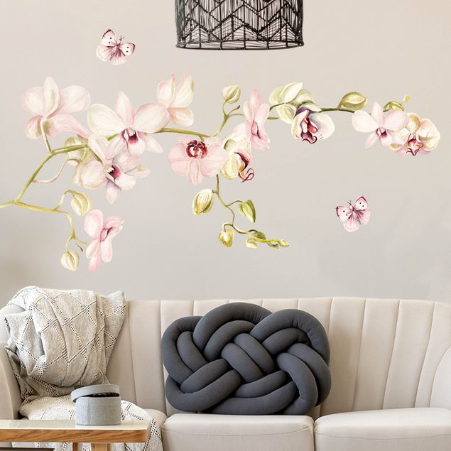 Wanddeko Schlafzimmer Orchideenzweig und Schmetterling in rosé