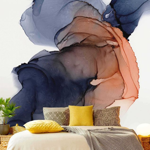 Wanddeko Schlafzimmer Ozeantropfen Blau-Orange mit Gold