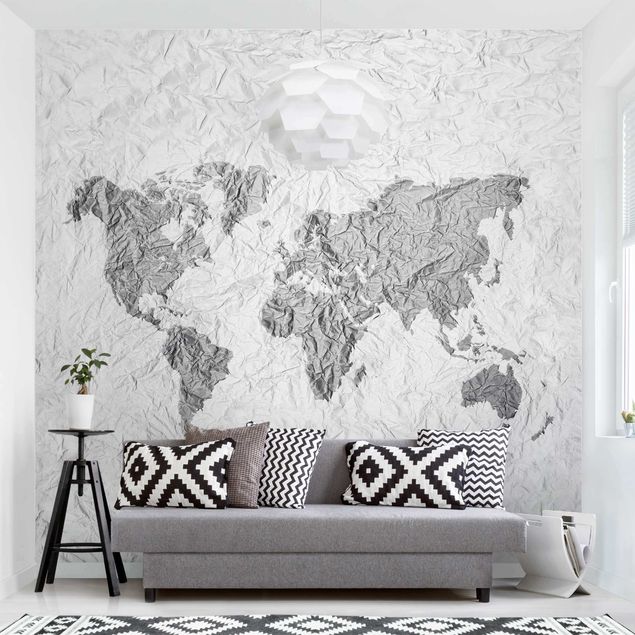 Wanddeko Wohnzimmer Papier Weltkarte Weiß Grau