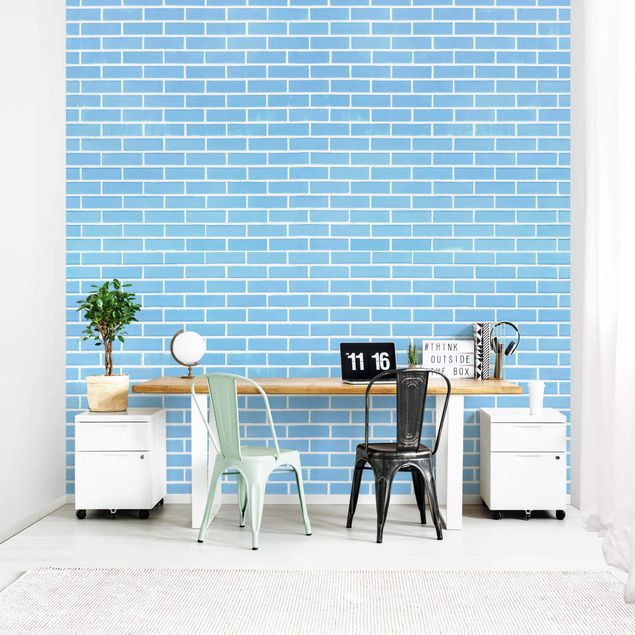 Wanddeko Wohnzimmer Pastellblaue Ziegelwand