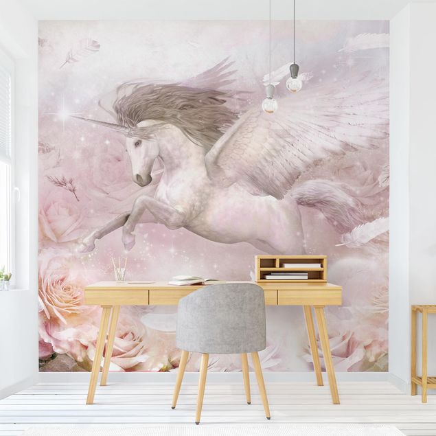 Wanddeko Büro Pegasus Einhorn mit Rosen