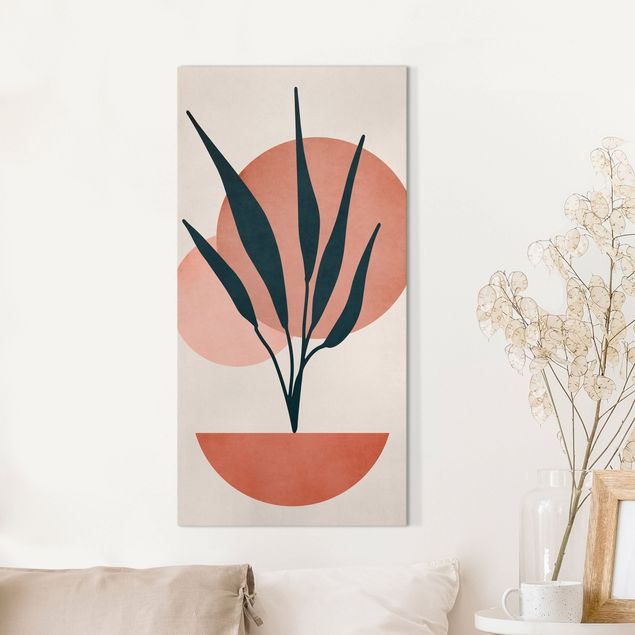 Wanddeko Wohnzimmer Pflanze und abstrakte Formen in Rosa