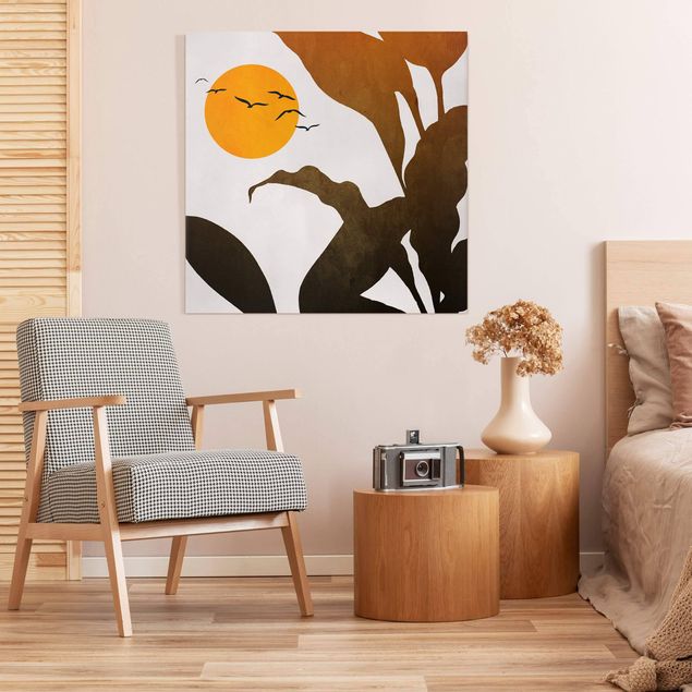 Wanddeko Wohnzimmer Pflanzenwelt mit gelber Sonne