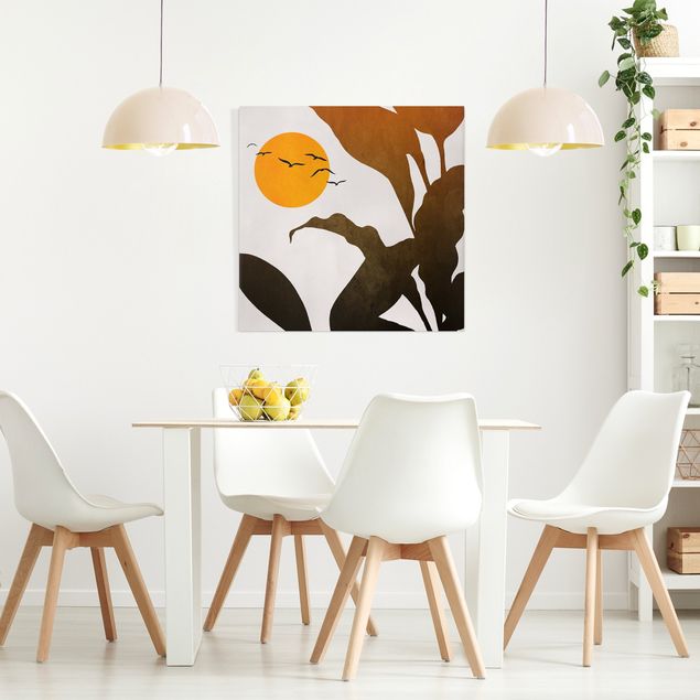 Wanddeko Büro Pflanzenwelt mit gelber Sonne