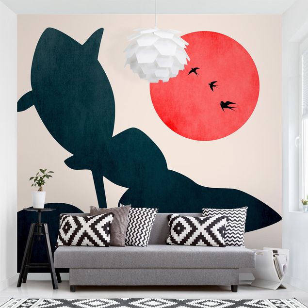 Wanddeko Wohnzimmer Pflanzenwelt mit roter Sonne