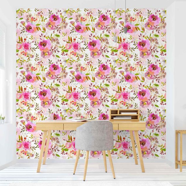 Wanddeko Wohnzimmer Pinke Aquarell Blumen