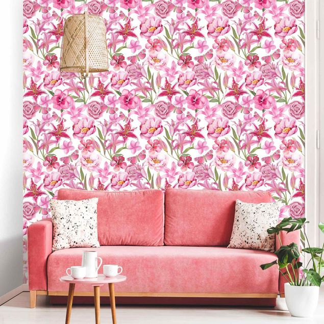 Wanddeko Schlafzimmer Pinke Blumen mit Schmetterlingen
