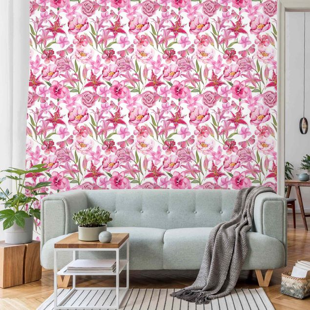 Wanddeko Esszimmer Pinke Blumen mit Schmetterlingen