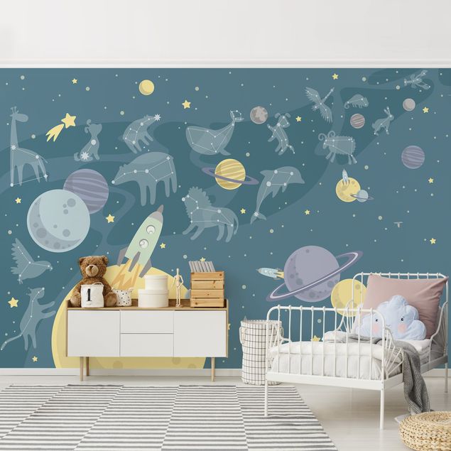 Wanddeko Jungenzimmer Planeten mit Sternzeichen und Raketen