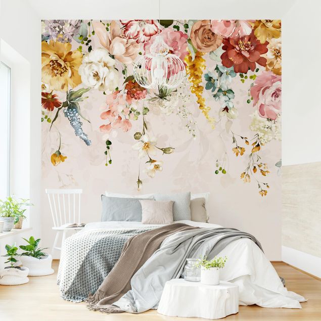 Wanddeko Wohnzimmer Rankende Blumen Aquarell Vintage
