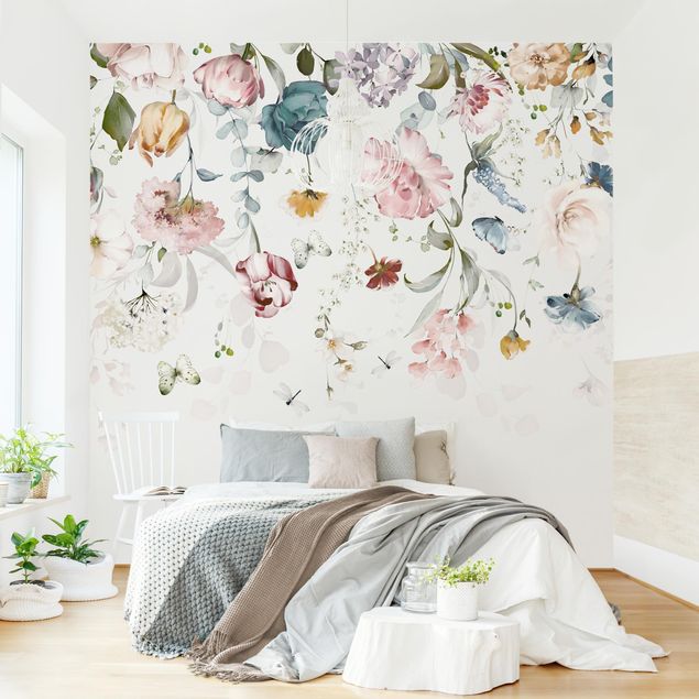 Wanddeko Wohnzimmer Rankende Blumen mit Schmetterlingen Aquarell