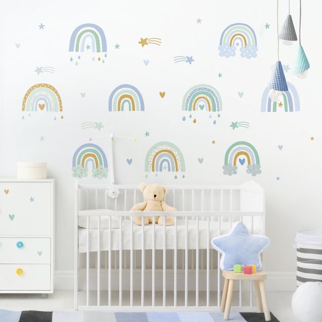 Wanddeko Babyzimmer Regenbögen Blau Türkis Set