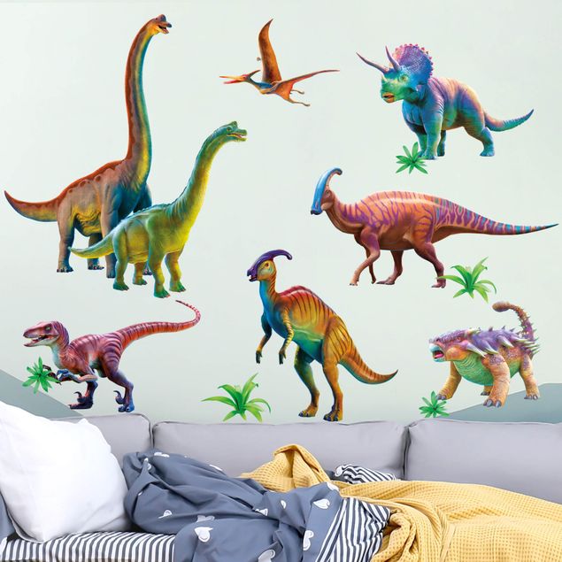Wanddeko bunt Regenbogen Dinosaurier Set