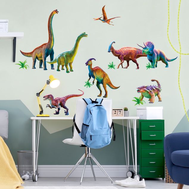 Wanddeko Büro Regenbogen Dinosaurier Set