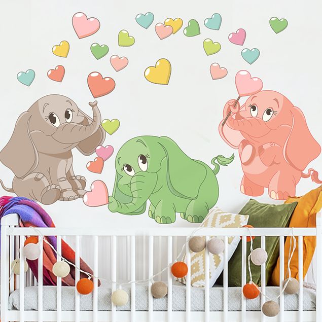 Deko Kinderzimmer Regenbogen Elefantenbabies mit bunten Herzen