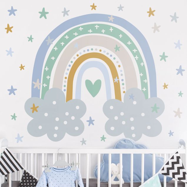 Kinderzimmer Deko Regenbogen mit Wolken Blau Türkis