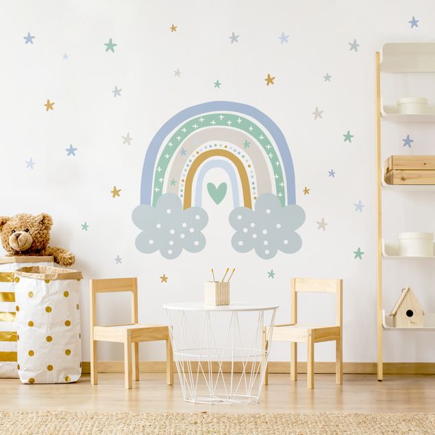 Wanddeko Babyzimmer Regenbogen mit Wolken Blau Türkis