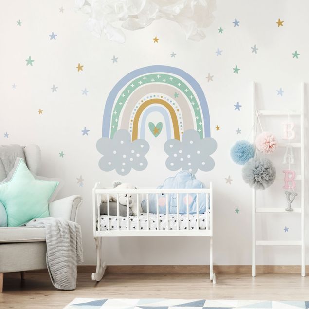 Wanddeko Mädchenzimmer Regenbogen mit Wolken Blau Türkis