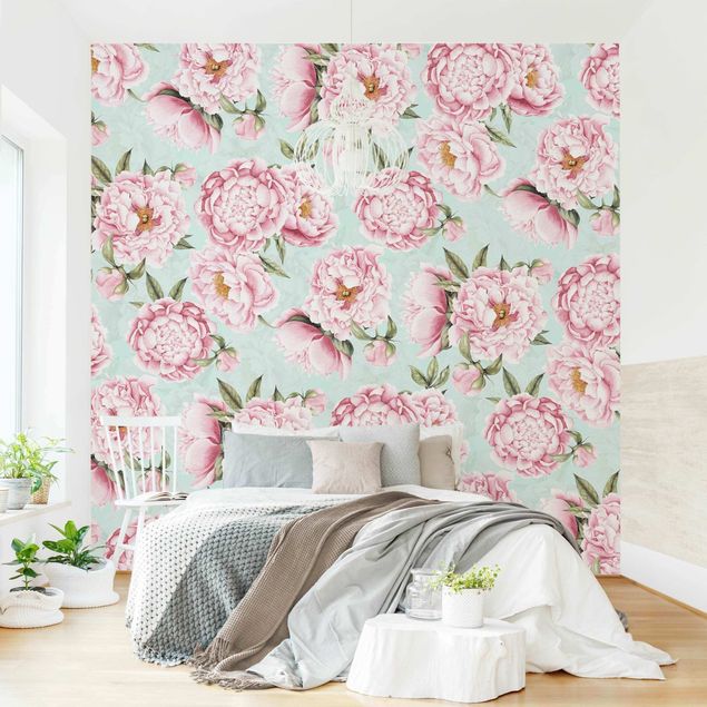 Wanddeko Wohnzimmer Rosa Blumen auf Mint als Aquarell