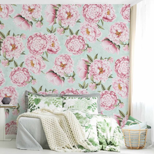 Wanddeko Schlafzimmer Rosa Blumen auf Mint als Aquarell