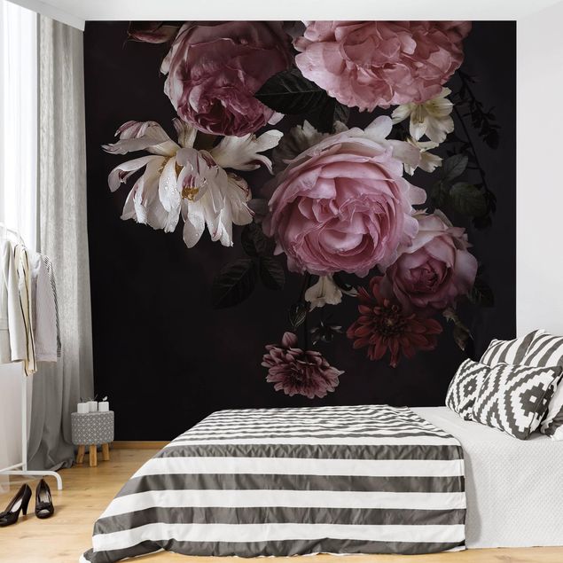 Wanddeko Wohnzimmer Rosa Blumen auf Schwarz Vintage