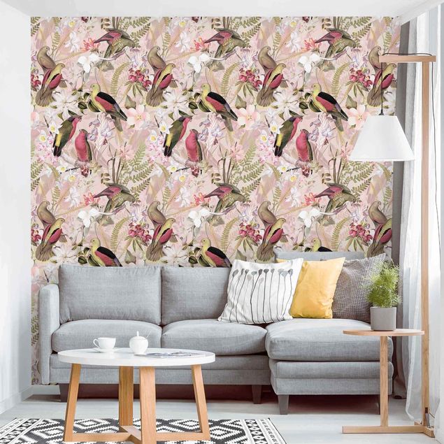 Wanddeko Wohnzimmer Rosa Pastell Vögel mit Blumen