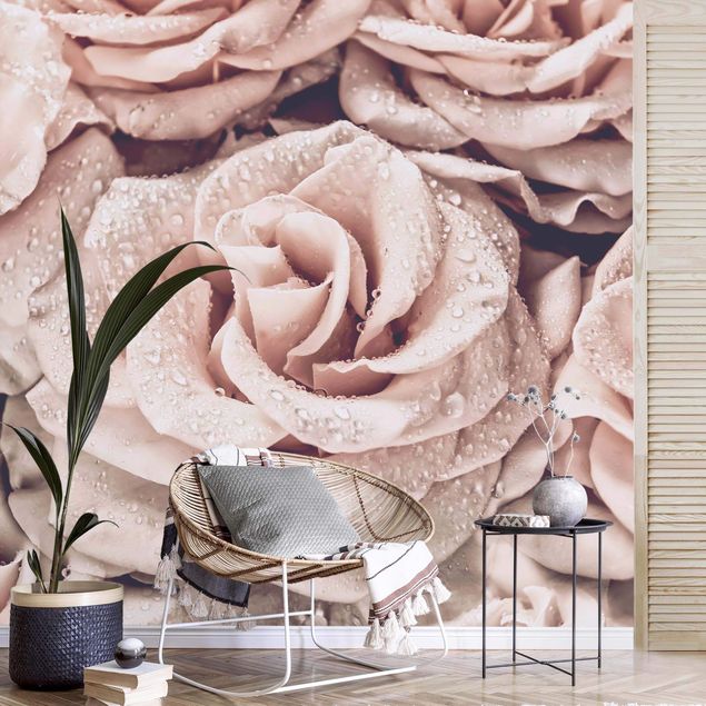 Wanddeko beige Rosen Sepia mit Wassertropfen