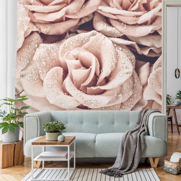 Wanddeko Wohnzimmer Rosen Sepia mit Wassertropfen