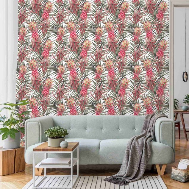 Wanddeko Schlafzimmer Rote Ananas mit Palmenblättern Tropisch