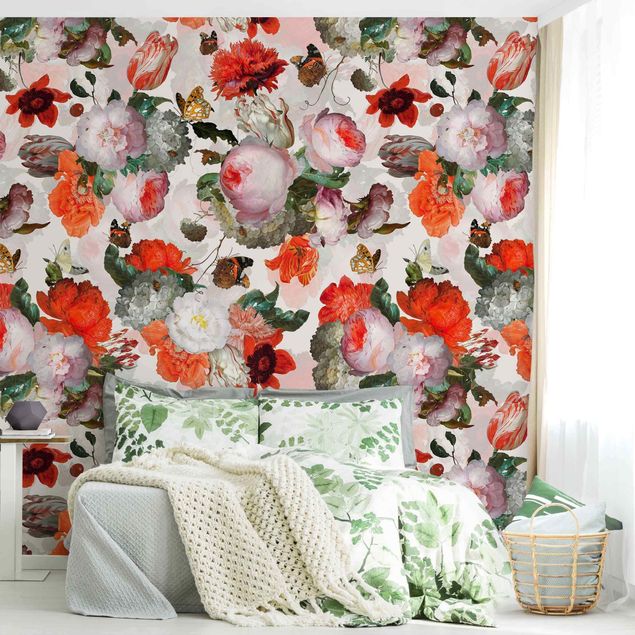 Wanddeko Schlafzimmer Rote Blumen mit Schmetterlingen