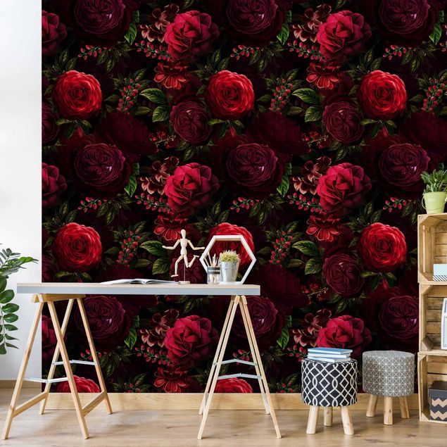 Wanddeko Schlafzimmer Rote Rosen vor Schwarz