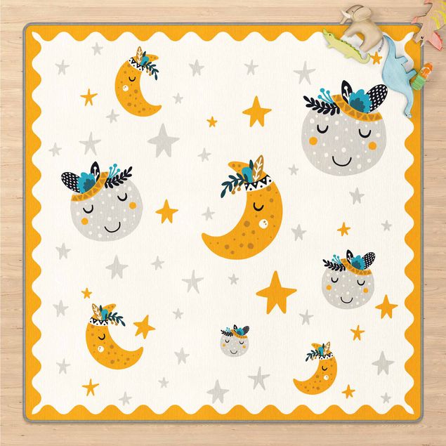 Wanddeko bunt Schlafende Indianerfreunde Mond und Sterne mit Rahmen