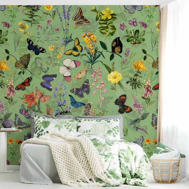 Wanddeko Wohnzimmer Schmetterlinge mit Blumen auf Grün