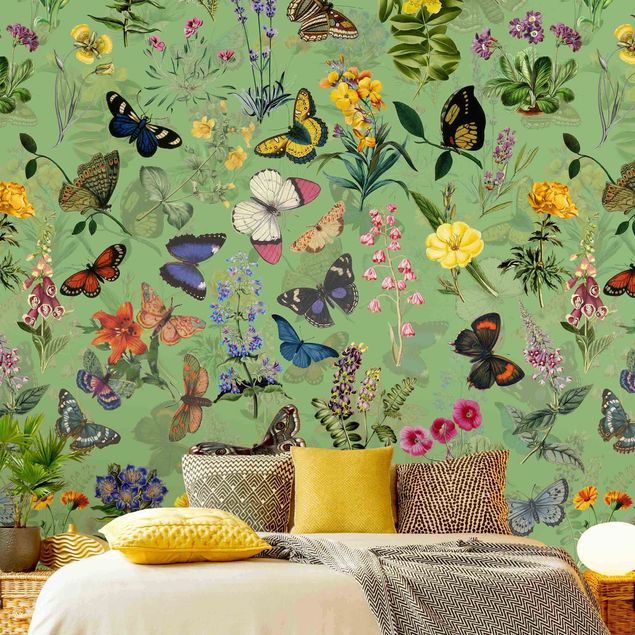 Wanddeko Schlafzimmer Schmetterlinge mit Blumen auf Grün