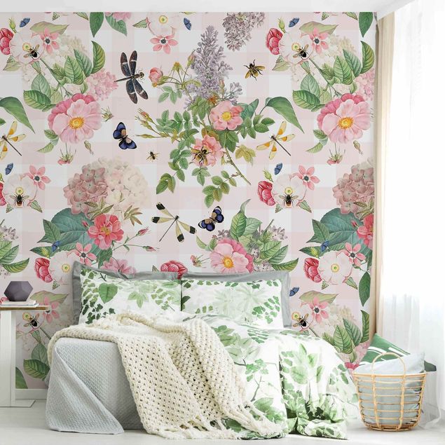 Wanddeko Wohnzimmer Schmetterlinge mit rosa Blumen