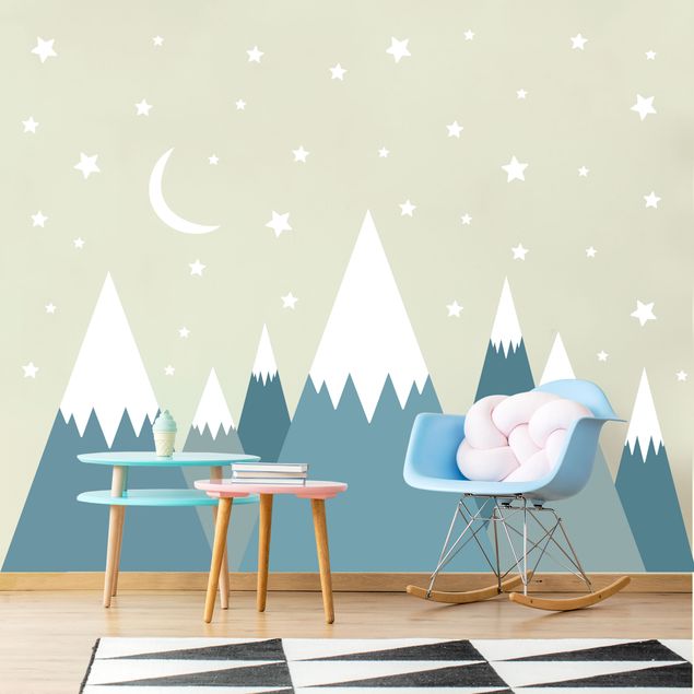Wanddeko Babyzimmer Schneebedeckte Berge Sterne und Mond