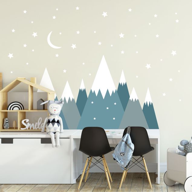 Wanddeko Mädchenzimmer Schneebedeckte Berge Sterne und Mond