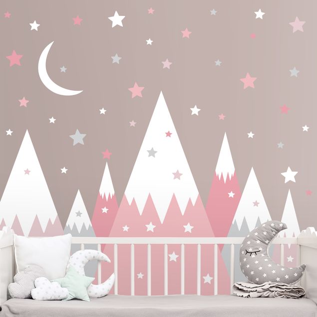 Kinderzimmer Deko Schneebedeckte Berge Sterne und Mond Rosa