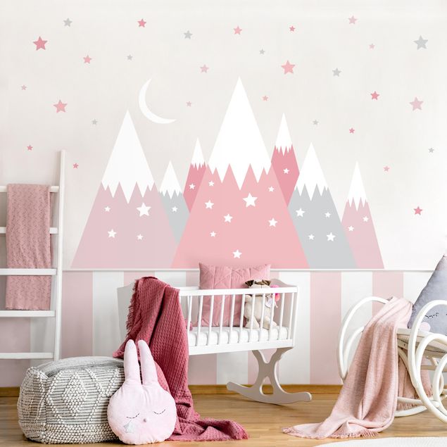 Wanddeko Babyzimmer Schneebedeckte Berge Sterne und Mond Rosa