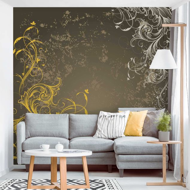 Wanddeko Wohnzimmer Schnörkel in Gold und Silber
