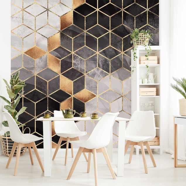 Wanddeko Wohnzimmer Schwarz Weiß goldene Geometrie