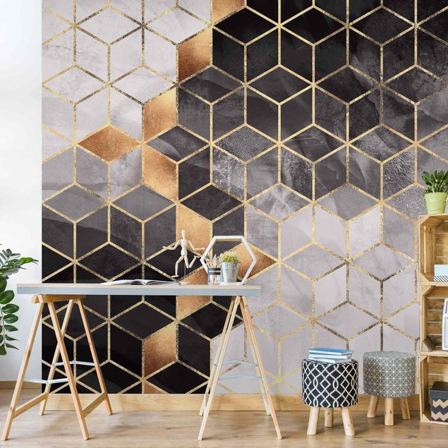 Wanddeko Schlafzimmer Schwarz Weiß goldene Geometrie