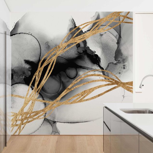 Wanddeko Wohnzimmer Schwarze Tusche mit goldenen Linien II