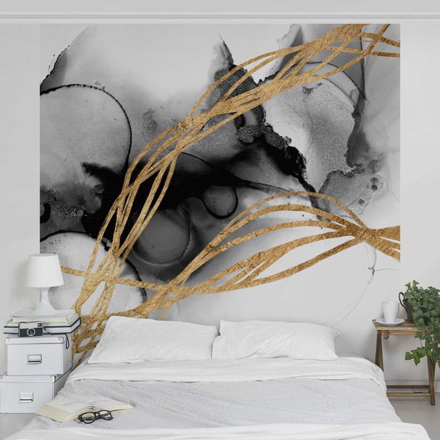Wanddeko Schlafzimmer Schwarze Tusche mit goldenen Linien II