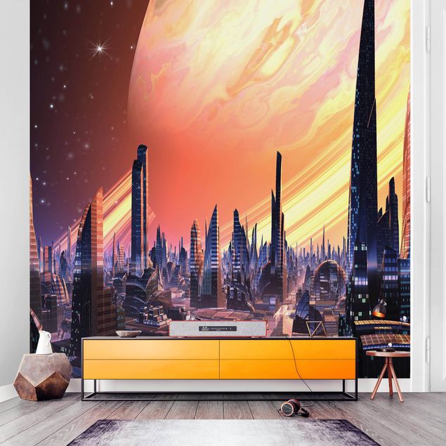 Wanddeko Wohnzimmer Sci-Fi Großstadt mit Planet