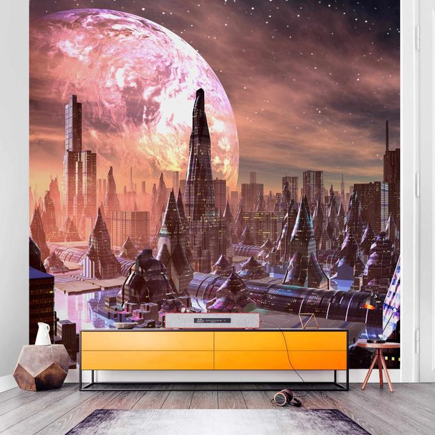Wanddeko Wohnzimmer Sci-Fi Stadt mit Planeten