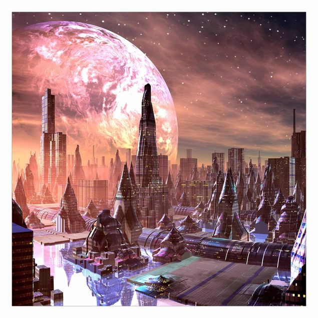 Wanddeko Treppenhaus Sci-Fi Stadt mit Planeten