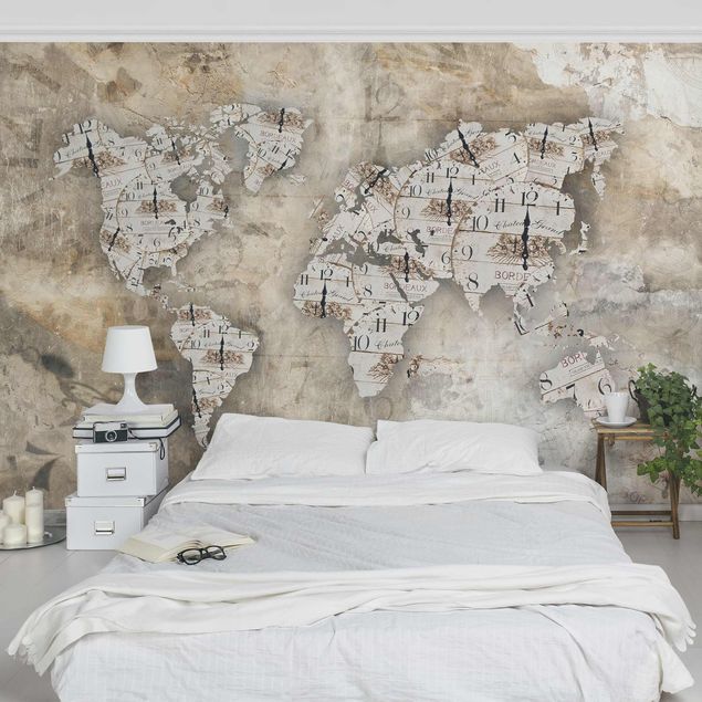 Wanddeko Wohnzimmer Shabby Uhren Weltkarte